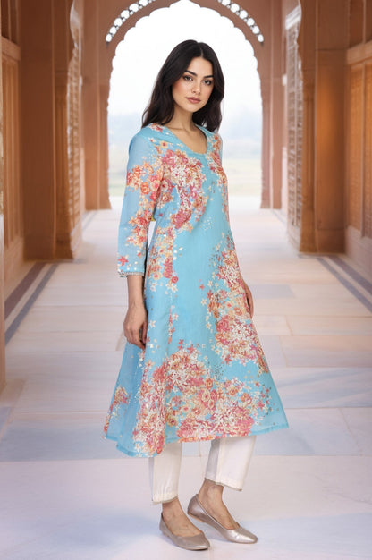 W for Woman Turquoise Blue Floral Print Tape A-Line Chanderi Kurta