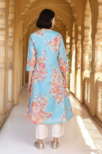 W for Woman Turquoise Blue Floral Print Tape A-Line Chanderi Kurta