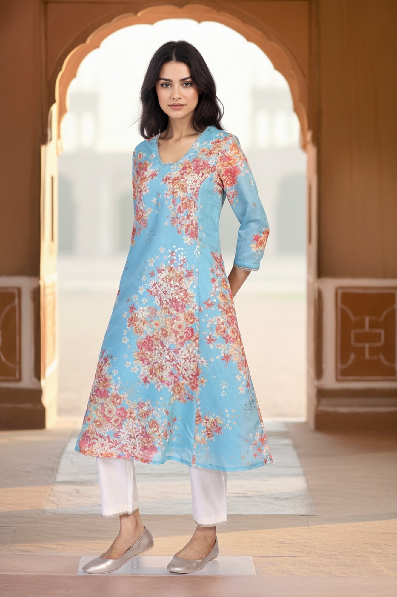W for Woman Turquoise Blue Floral Print Tape A-Line Chanderi Kurta