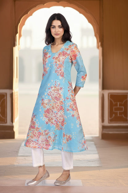 W for Woman Turquoise Blue Floral Print Tape A-Line Chanderi Kurta