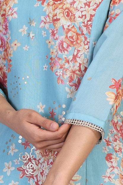 W for Woman Turquoise Blue Floral Print Tape A-Line Chanderi Kurta