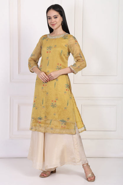 W for Woman Mustard Striped Floral Printed Embroidered A-Line Kurta
