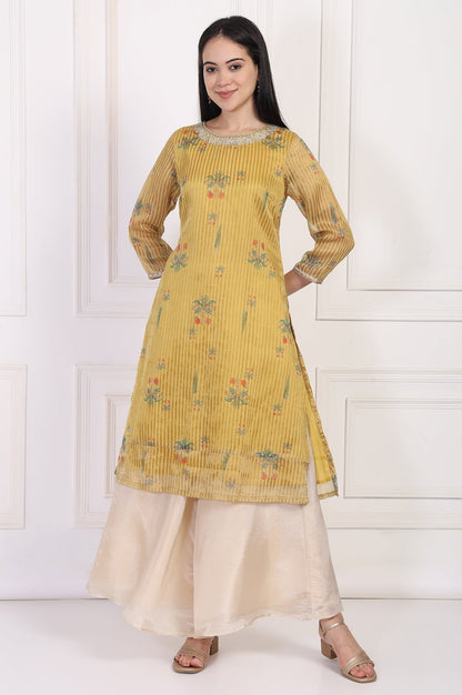 W for Woman Mustard Striped Floral Printed Embroidered A-Line Kurta