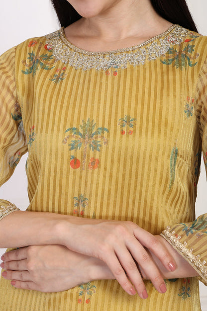 W for Woman Mustard Striped Floral Printed Embroidered A-Line Kurta