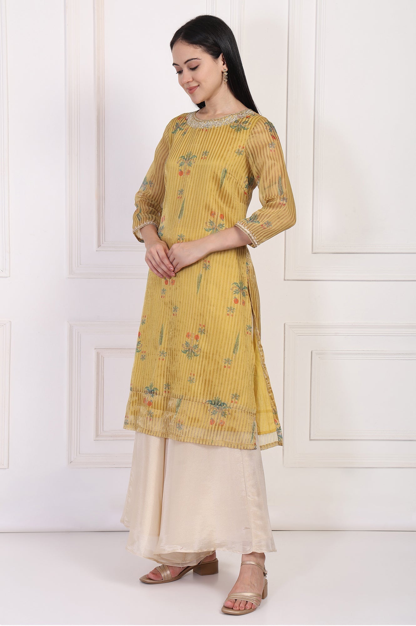 W for Woman Mustard Striped Floral Printed Embroidered A-Line Kurta
