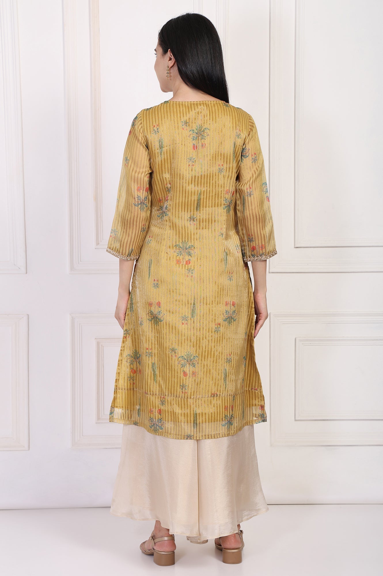 W for Woman Mustard Striped Floral Printed Embroidered A-Line Kurta