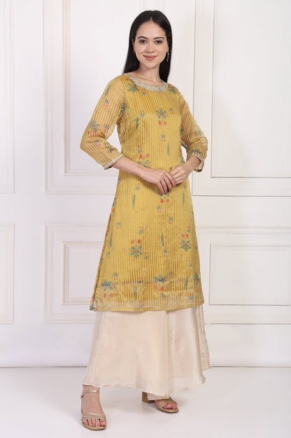 W for Woman Mustard Striped Floral Printed Embroidered A-Line Kurta
