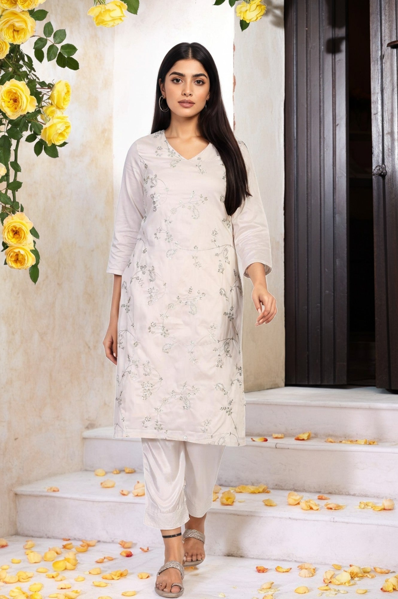 W for Woman Off-White Embroidered Straight Viscose Kurta