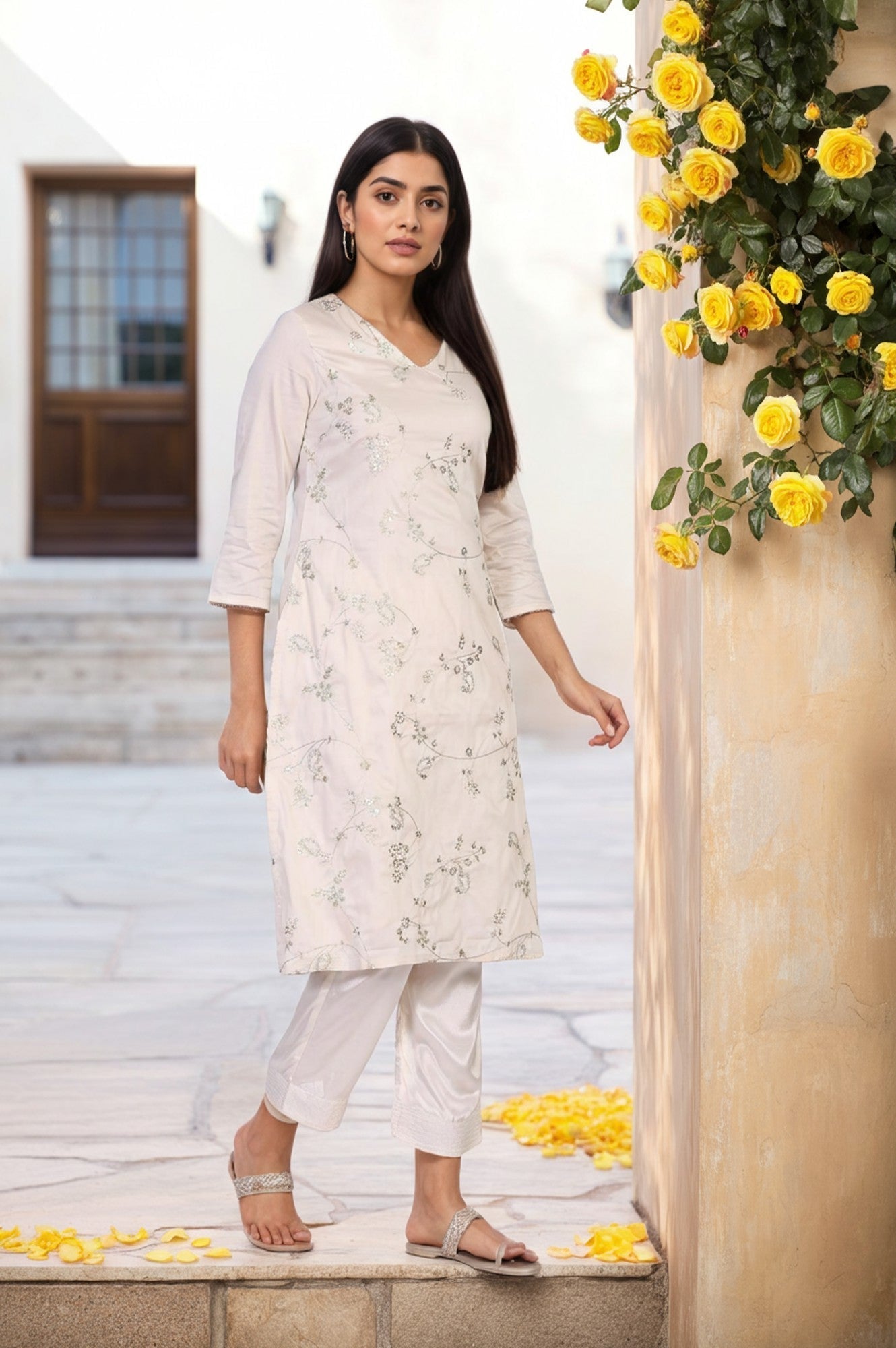 W for Woman Off-White Embroidered Straight Viscose Kurta