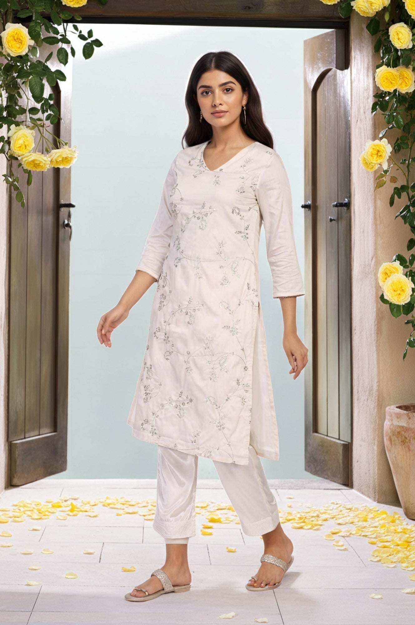 W for Woman Off-White Embroidered Straight Viscose Kurta