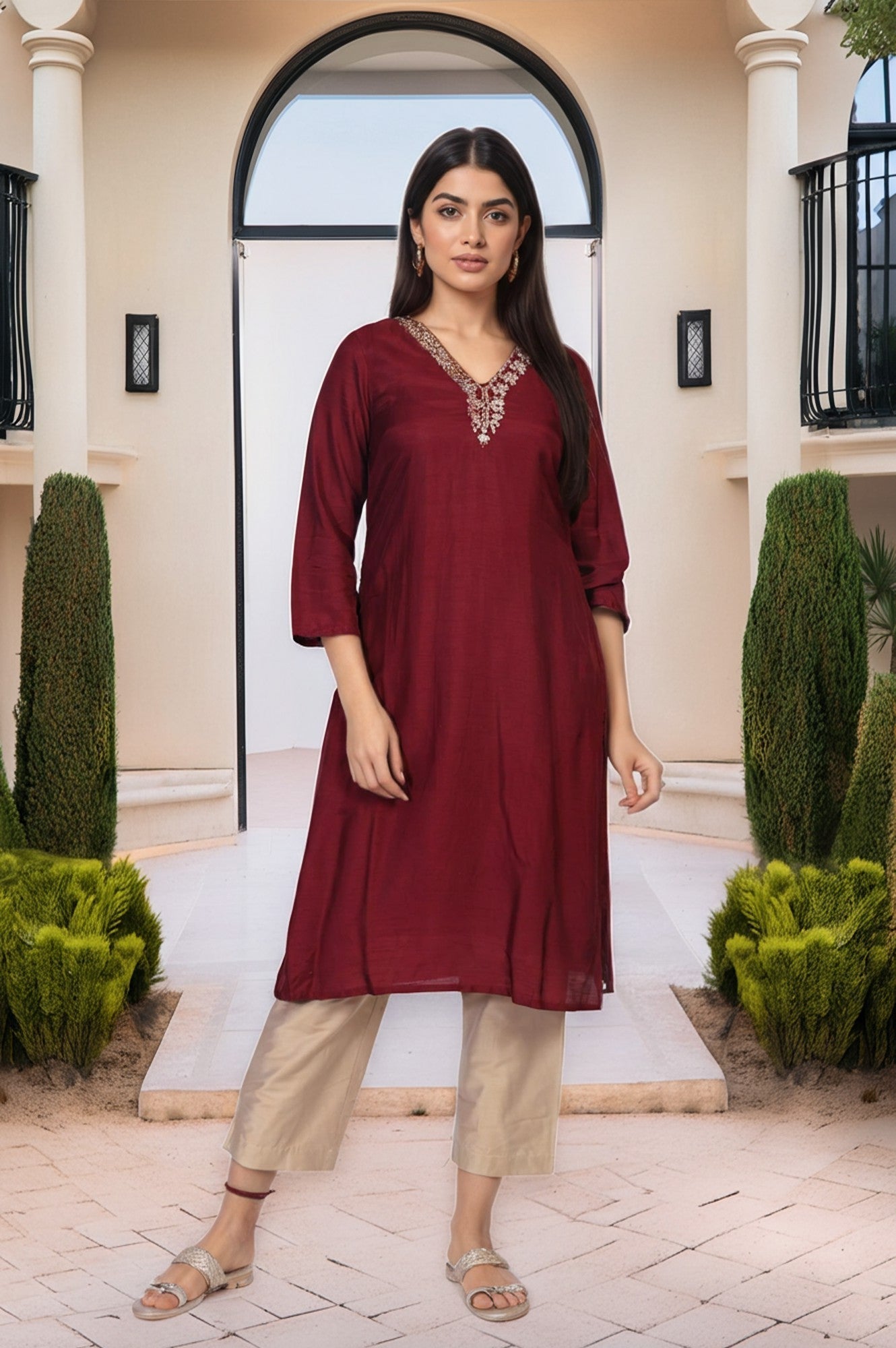 W for Woman Maroon Embroidered A-Line Silk Kurta