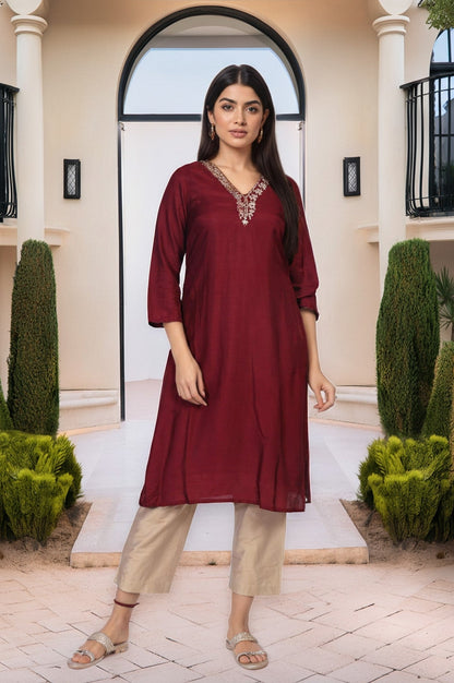 W for Woman Maroon Embroidered A-Line Silk Kurta