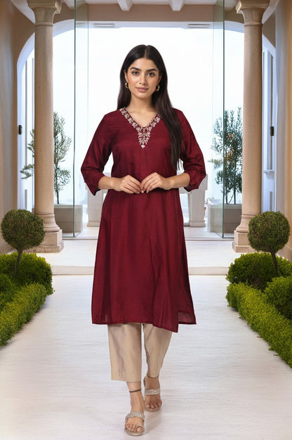 W for Woman Maroon Embroidered A-Line Silk Kurta