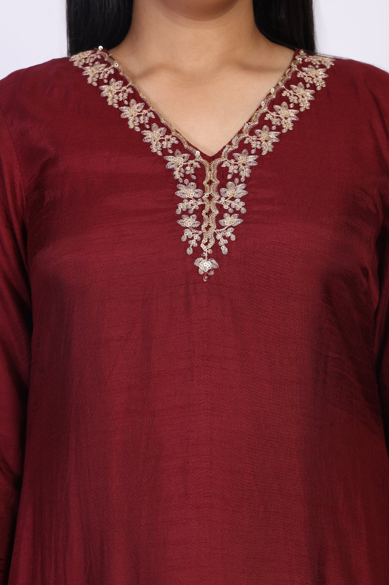 W for Woman Maroon Embroidered A-Line Silk Kurta