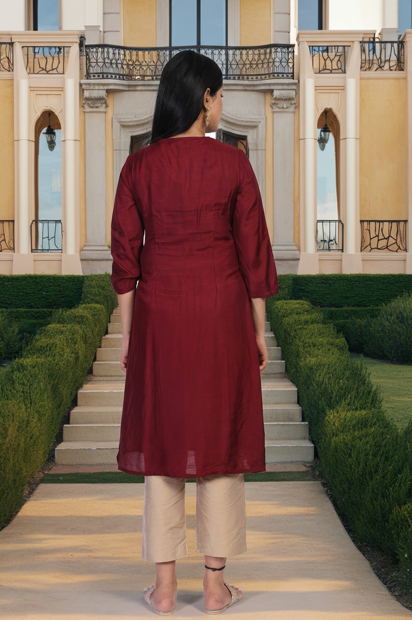 W for Woman Maroon Embroidered A-Line Silk Kurta