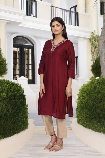 W for Woman Maroon Embroidered A-Line Silk Kurta