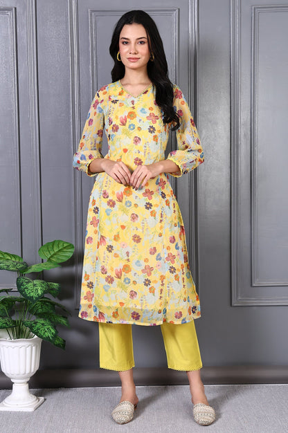 W for Woman Yellow Floral Printed Lace Chiffon A-line Kurta