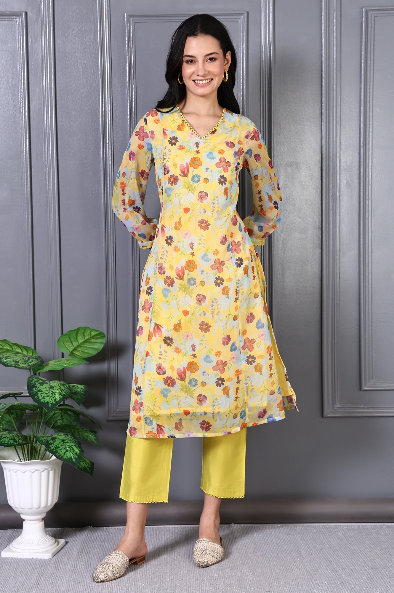 W for Woman Yellow Floral Printed Lace Chiffon A-line Kurta