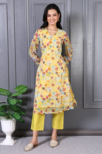 W for Woman Yellow Floral Printed Lace Chiffon A-line Kurta