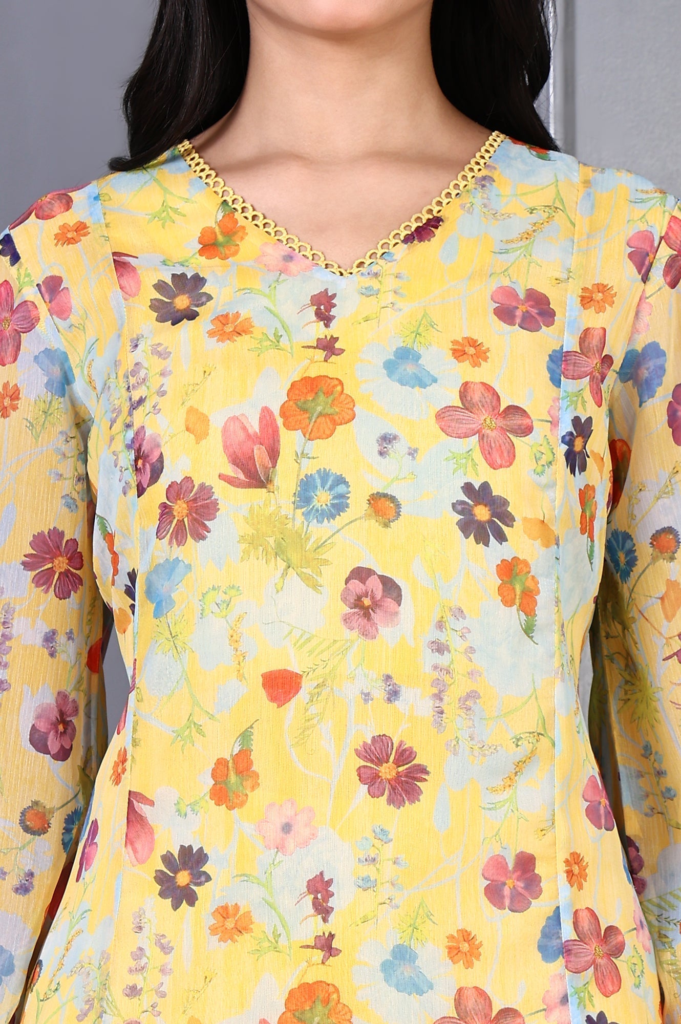 W for Woman Yellow Floral Printed Lace Chiffon A-line Kurta