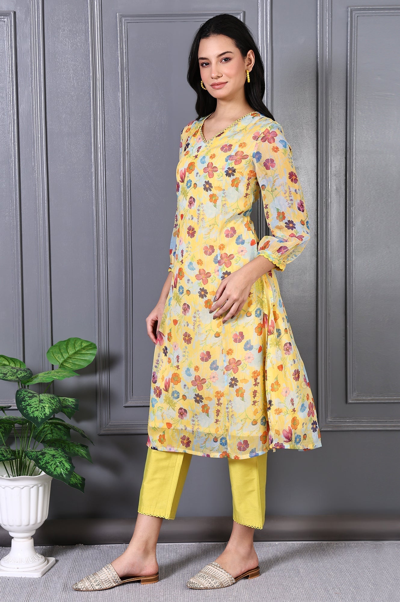 W for Woman Yellow Floral Printed Lace Chiffon A-line Kurta