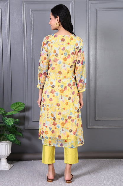 W for Woman Yellow Floral Printed Lace Chiffon A-line Kurta