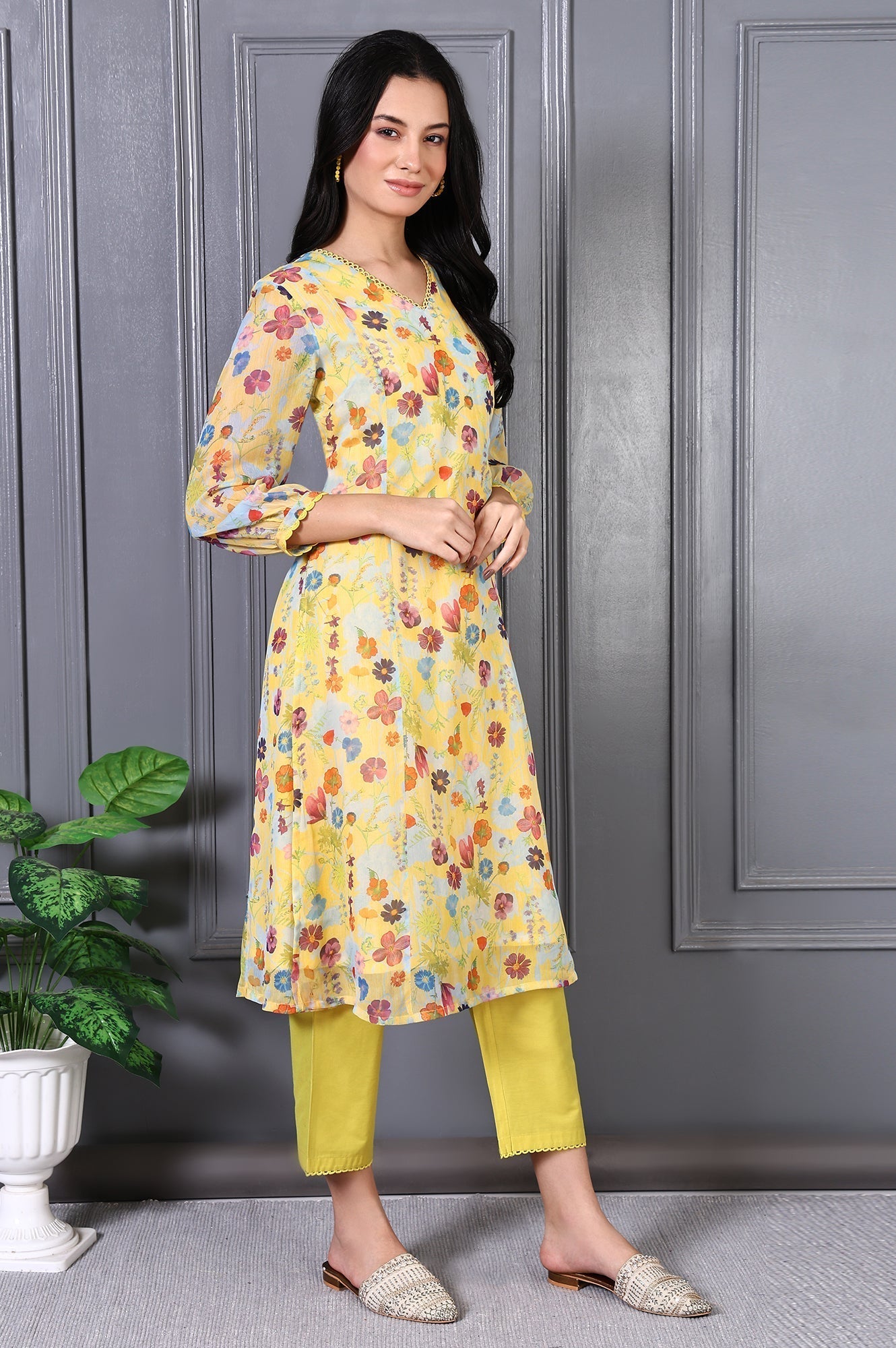 W for Woman Yellow Floral Printed Lace Chiffon A-line Kurta