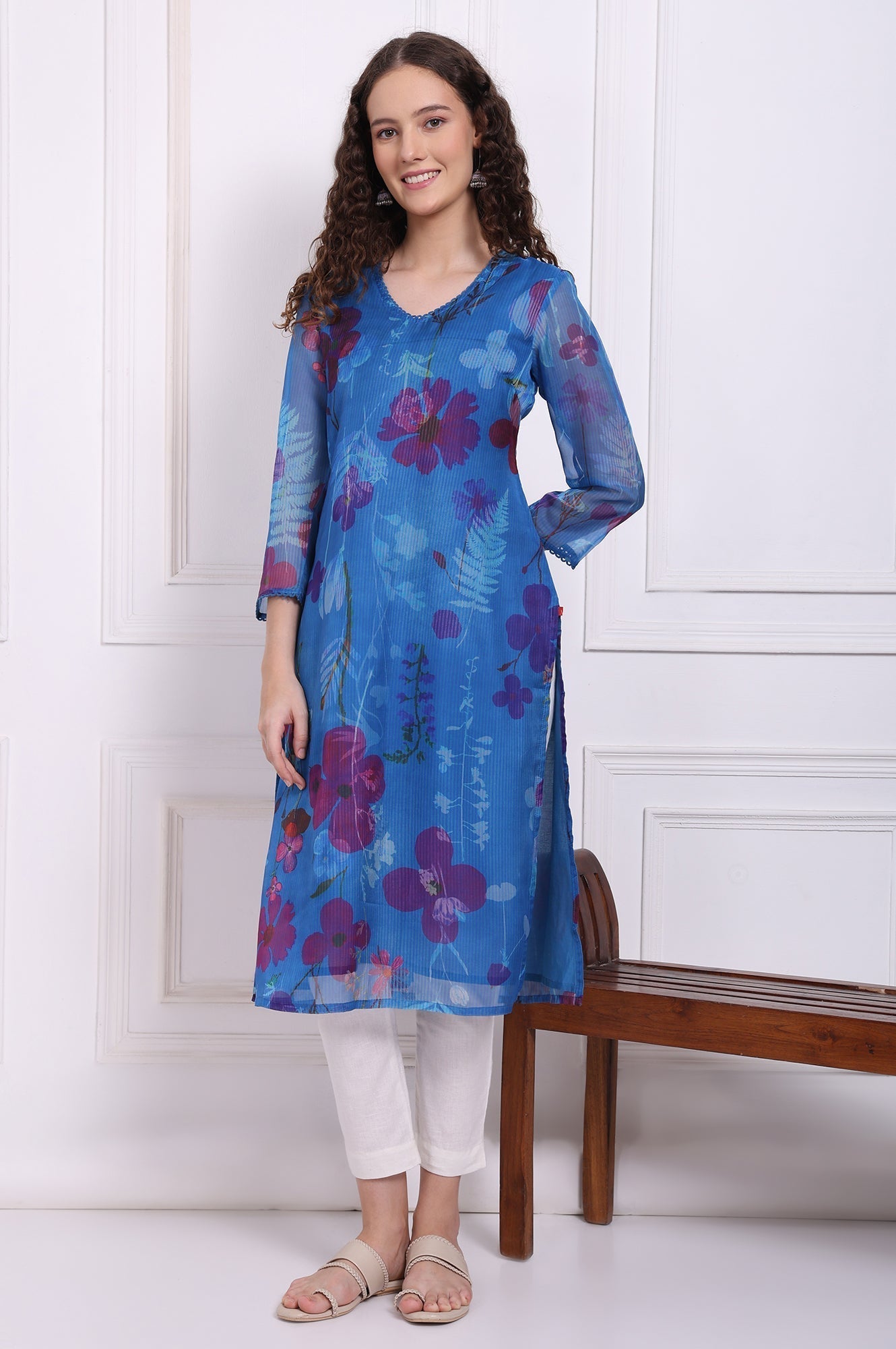 W for Woman Cobalt Blue Floral Printed Organza Straight Kurta with Lace