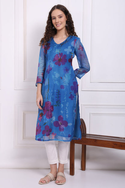 W for Woman Cobalt Blue Floral Printed Organza Straight Kurta with Lace