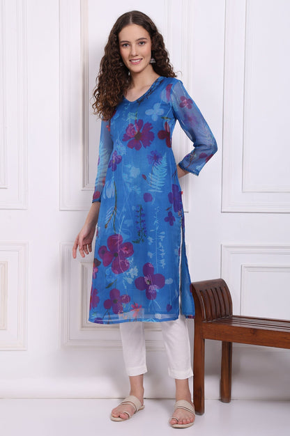 W for Woman Cobalt Blue Floral Printed Organza Straight Kurta with Lace