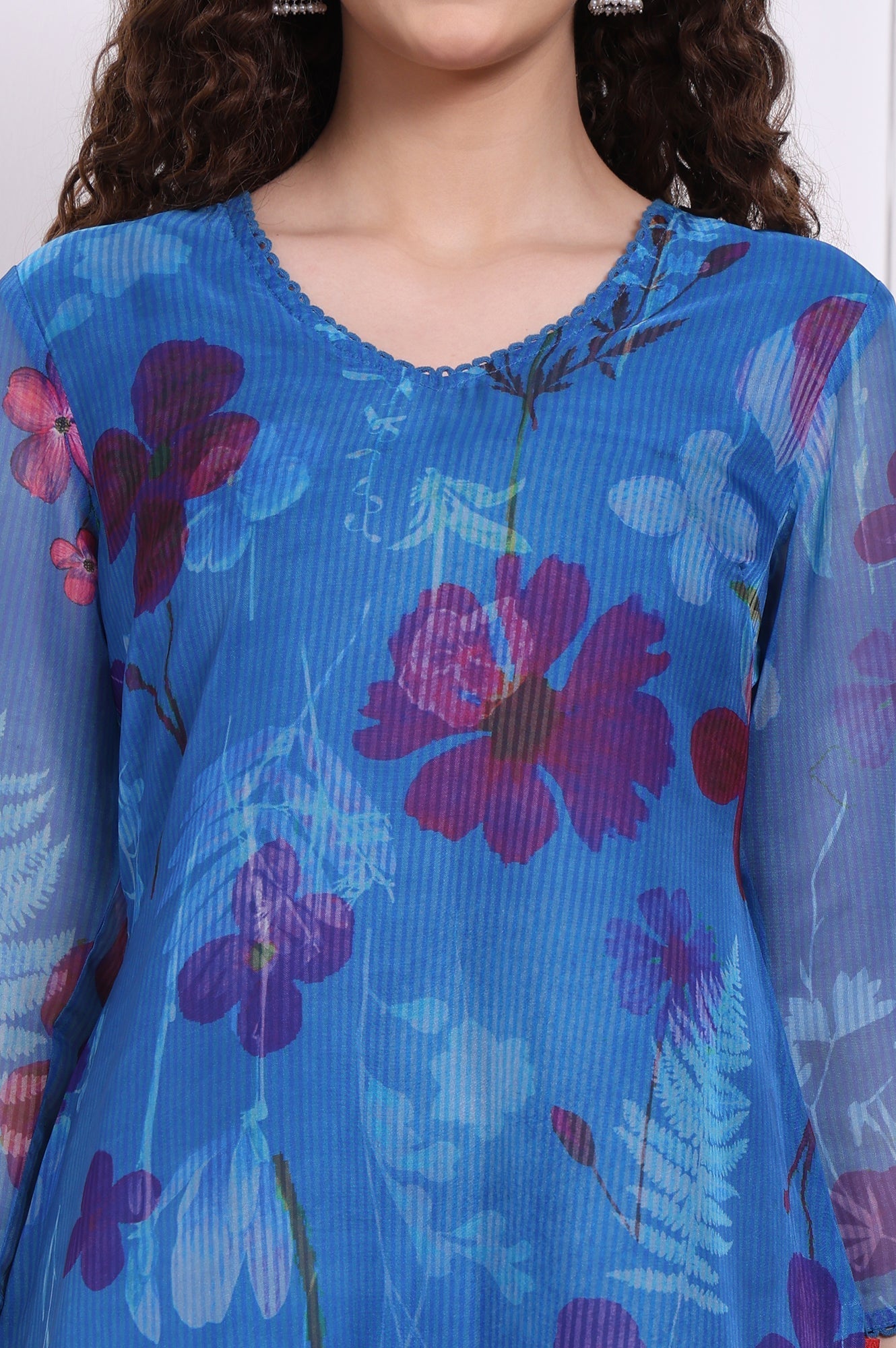 W for Woman Cobalt Blue Floral Printed Organza Straight Kurta with Lace
