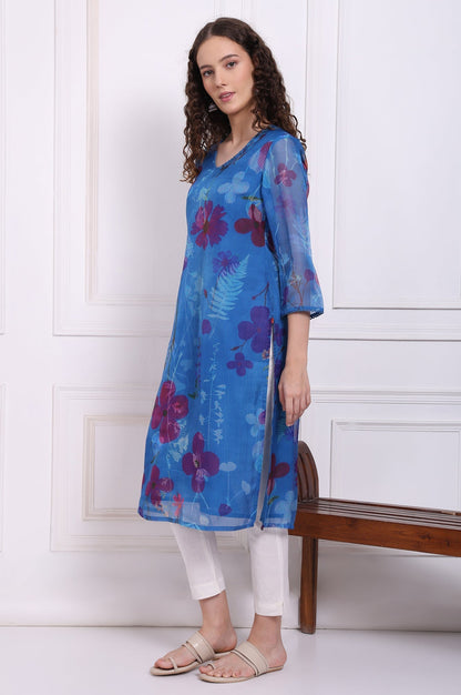 W for Woman Cobalt Blue Floral Printed Organza Straight Kurta with Lace