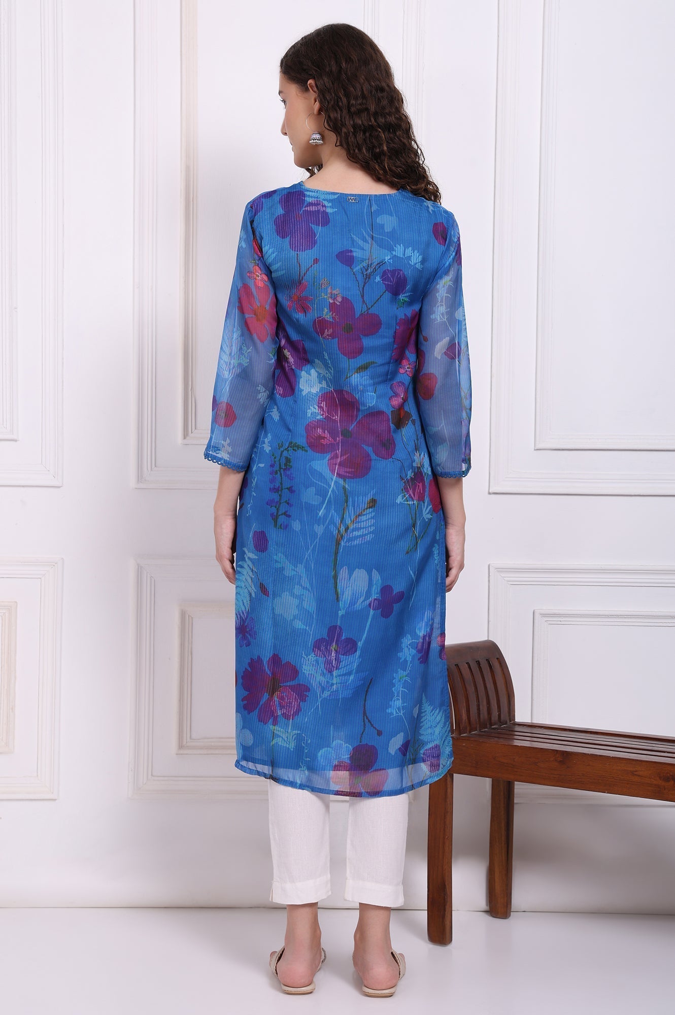 W for Woman Cobalt Blue Floral Printed Organza Straight Kurta with Lace