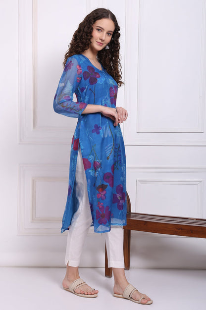 W for Woman Cobalt Blue Floral Printed Organza Straight Kurta with Lace
