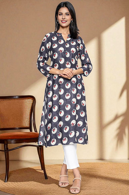 W for Woman Charcoal Grey Printed Modal Straight Kurta