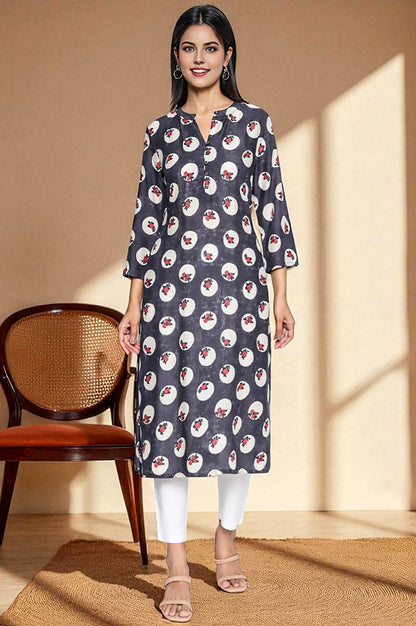 W for Woman Charcoal Grey Printed Modal Straight Kurta