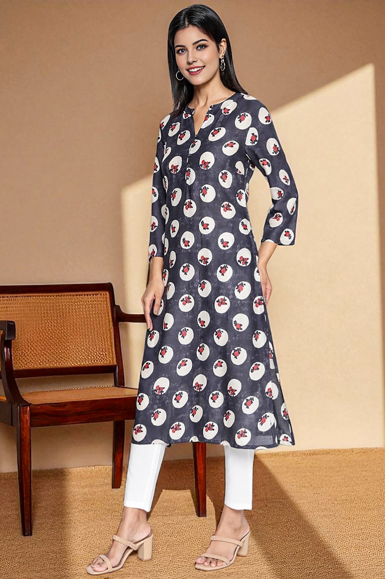 W for Woman Charcoal Grey Printed Modal Straight Kurta