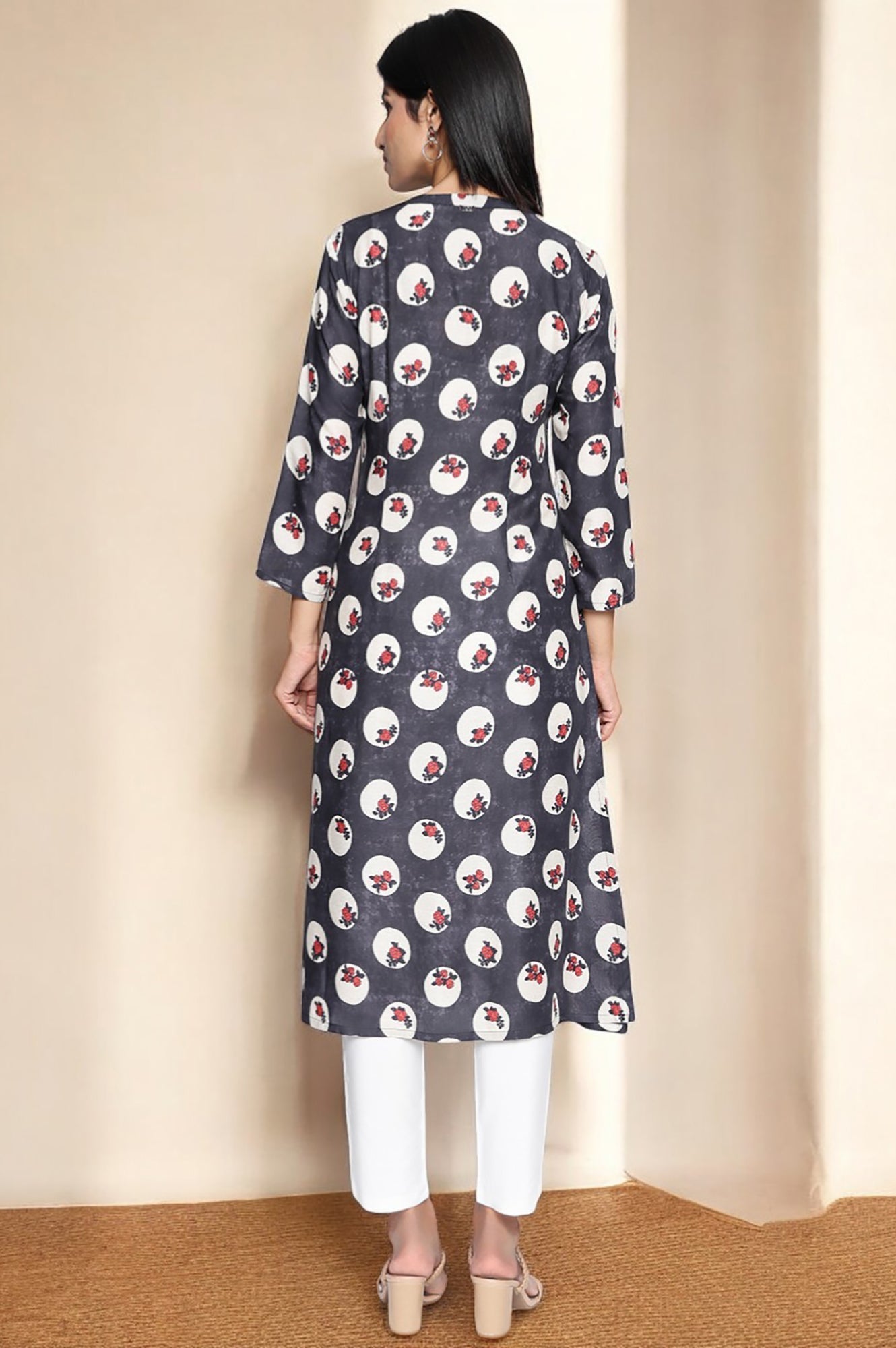 W for Woman Charcoal Grey Printed Modal Straight Kurta