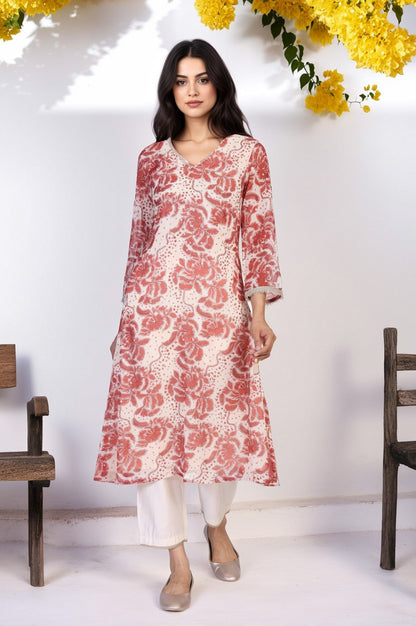 W for Woman Red Floral Print Lace A-Line Chiffon Kurta