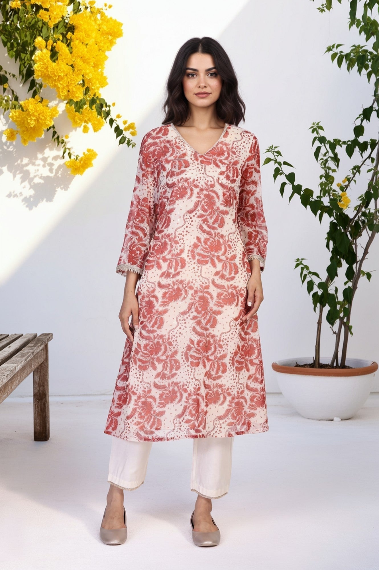 W for Woman Red Floral Print Lace A-Line Chiffon Kurta