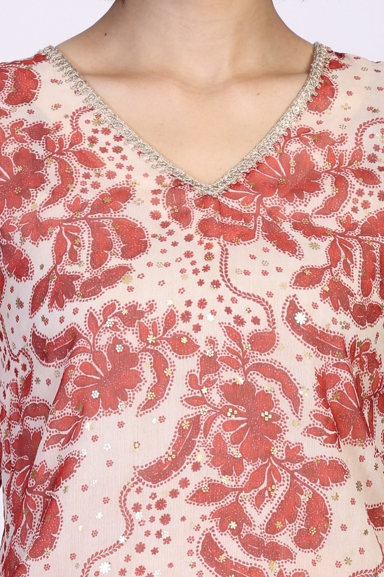 W for Woman Red Floral Print Lace A-Line Chiffon Kurta