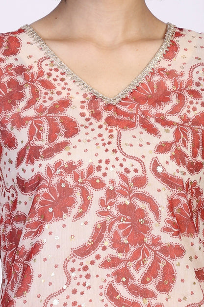 W for Woman Red Floral Print Lace A-Line Chiffon Kurta