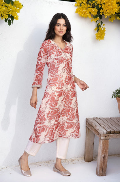 W for Woman Red Floral Print Lace A-Line Chiffon Kurta