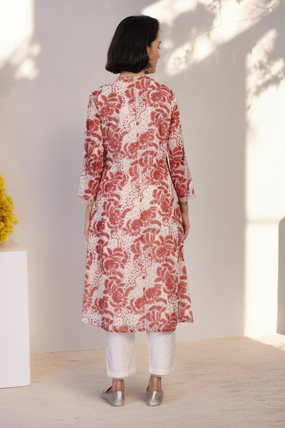 W for Woman Red Floral Print Lace A-Line Chiffon Kurta
