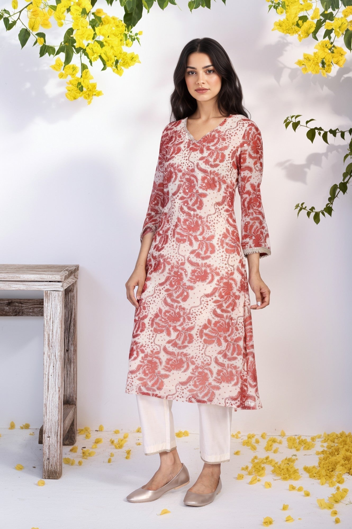W for Woman Red Floral Print Lace A-Line Chiffon Kurta