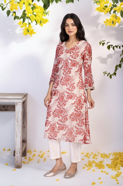 W for Woman Red Floral Print Lace A-Line Chiffon Kurta