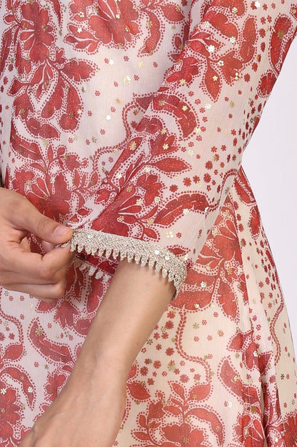 W for Woman Red Floral Print Lace A-Line Chiffon Kurta