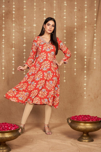 W for Woman Red Floral Embroidered Flared Rayon Kurta