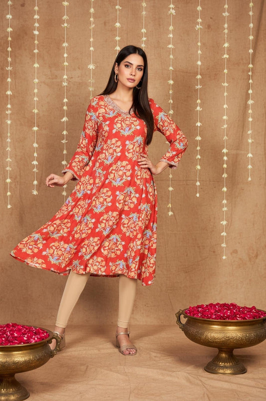 W for Woman Red Floral Embroidered Flared Rayon Kurta