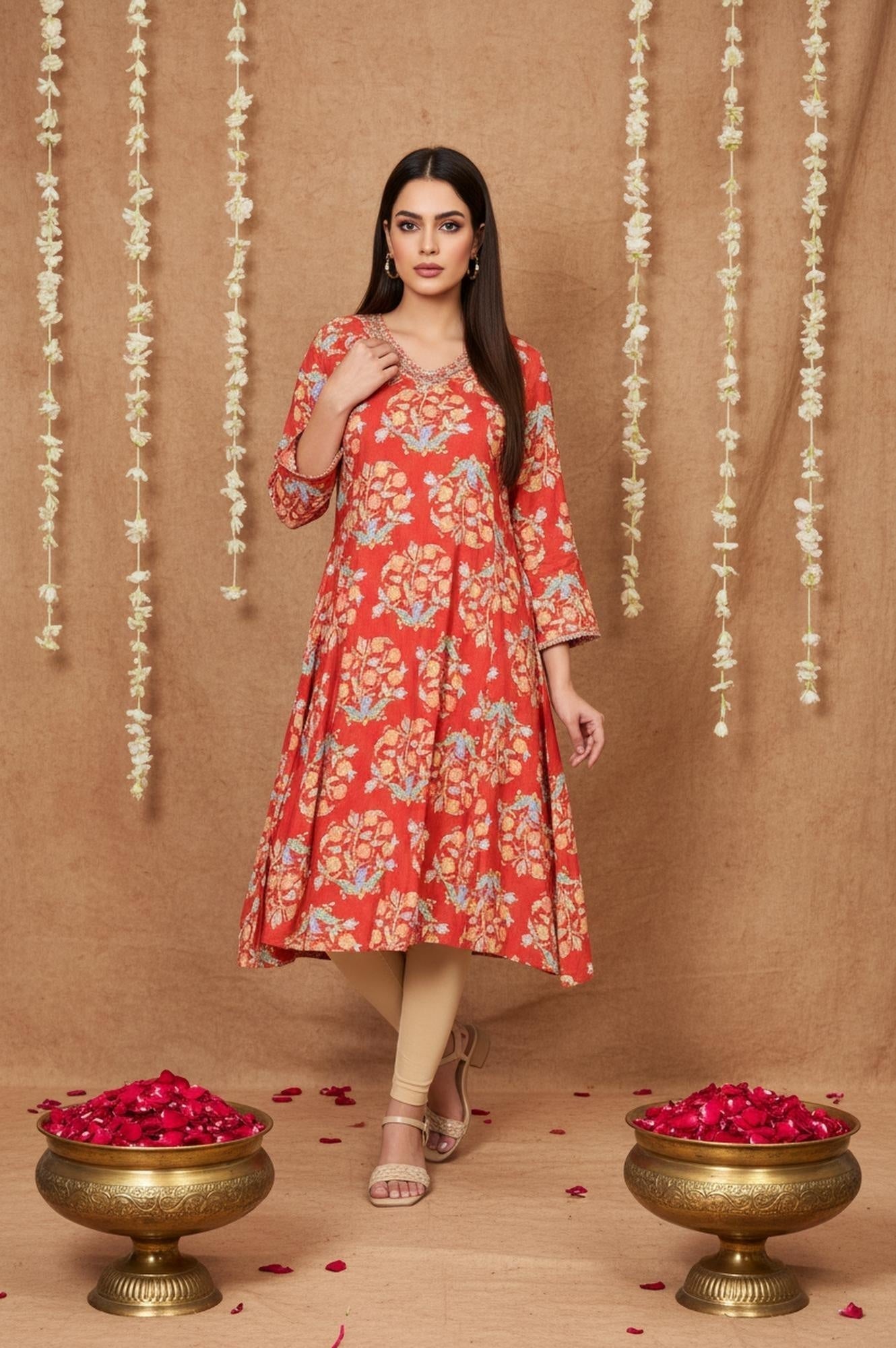 W for Woman Red Floral Embroidered Flared Rayon Kurta